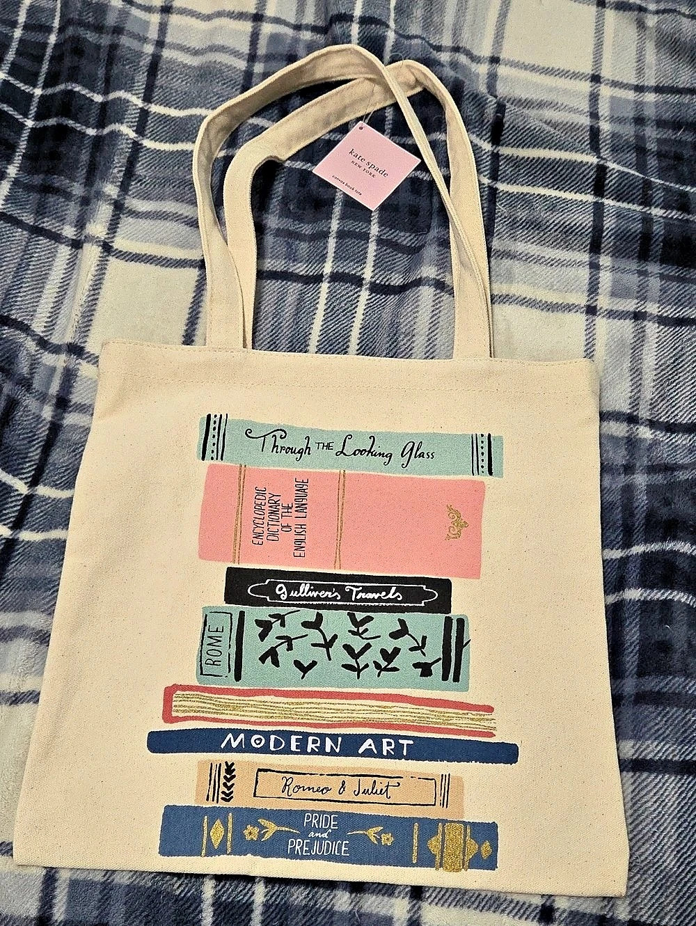 kate spade new york Stack of Classics Canvas Book Tote in Cream & Blue